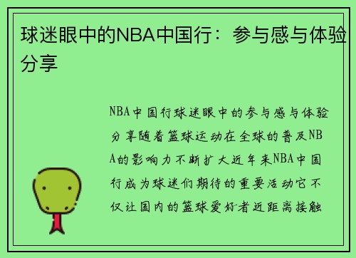 球迷眼中的NBA中国行：参与感与体验分享